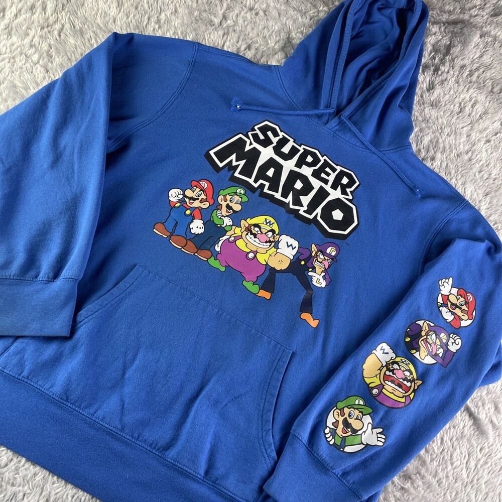 Super Mario Bros Sweatshirt Mens Large Blue Hoodie Luigi Wario Waluigi Nintendo